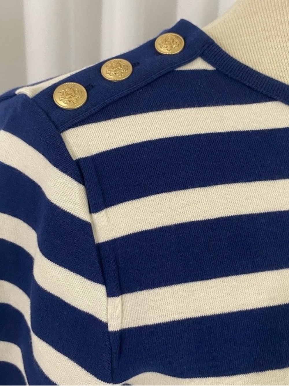 J. Crew Navy and White Striped Short Sleeve Top with Shoulder Buttons - Picture 3 of 4